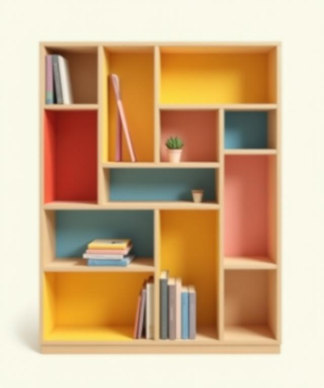 Estantería modular de madera a medida con nichos de diferentes tamaños y colores primarios, creando un efecto visual dinámico.