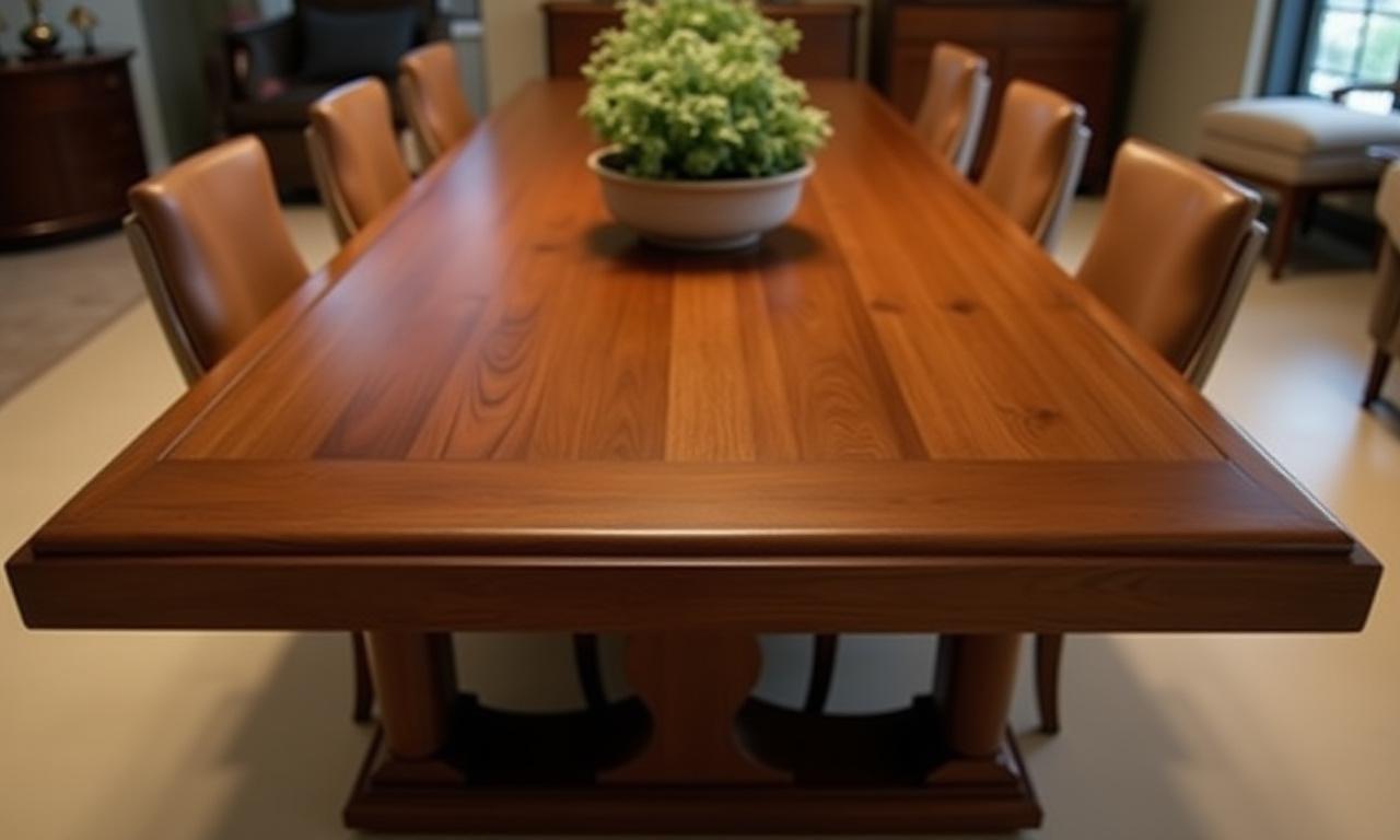 Imponente mesa de comedor de nogal macizo, pulida para un acabado sedoso, diseñada para ocho personas, perfecta para reuniones familiares.