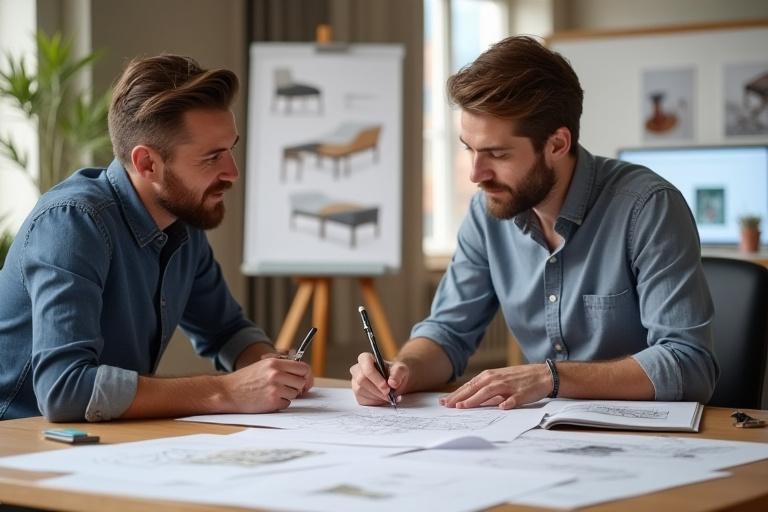 Diseñador conversando con un cliente sobre planos de mobiliario, bocetando ideas.